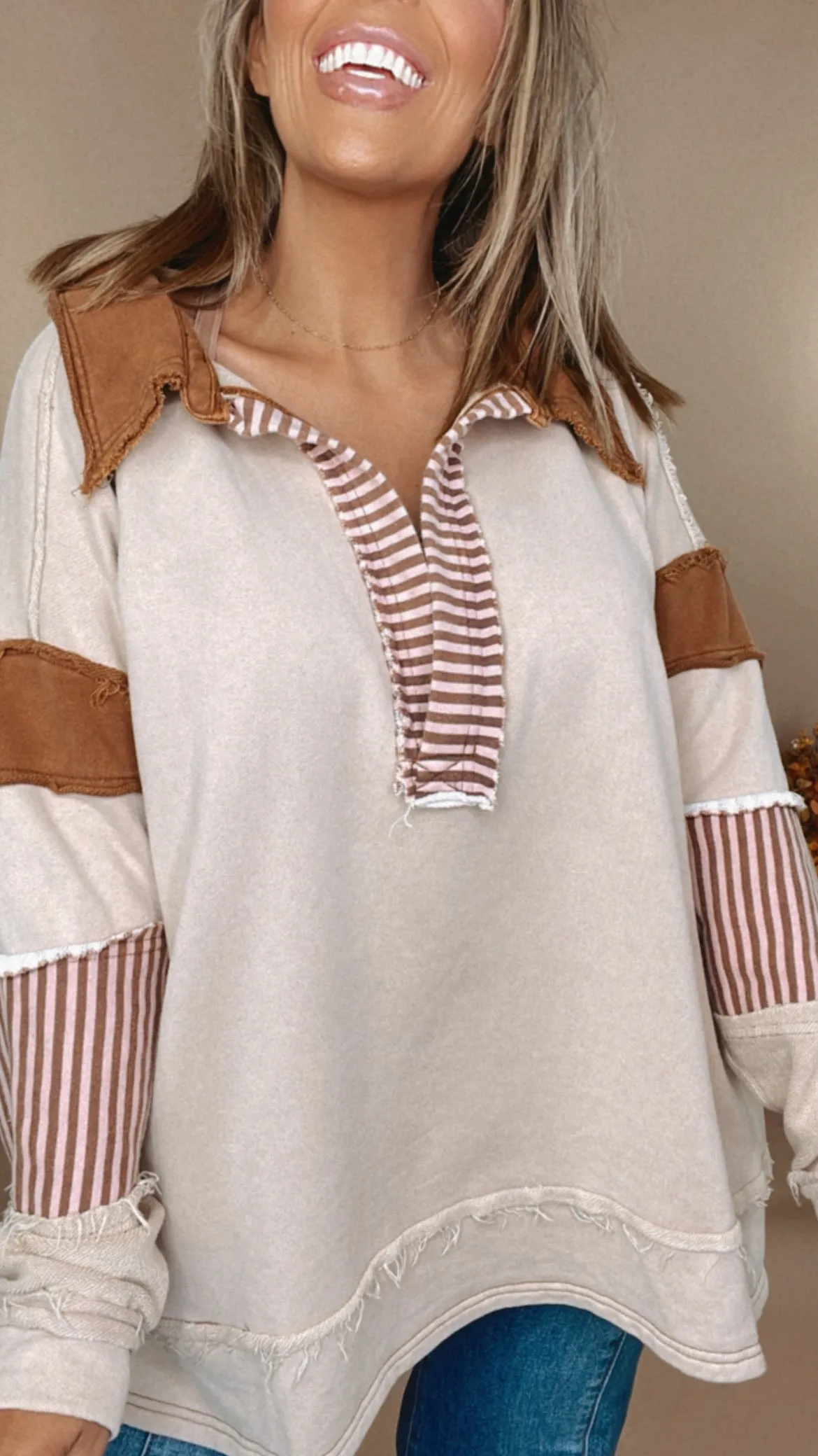Day To Day Distressed Oversized Collared Sweatshirt, Taupe