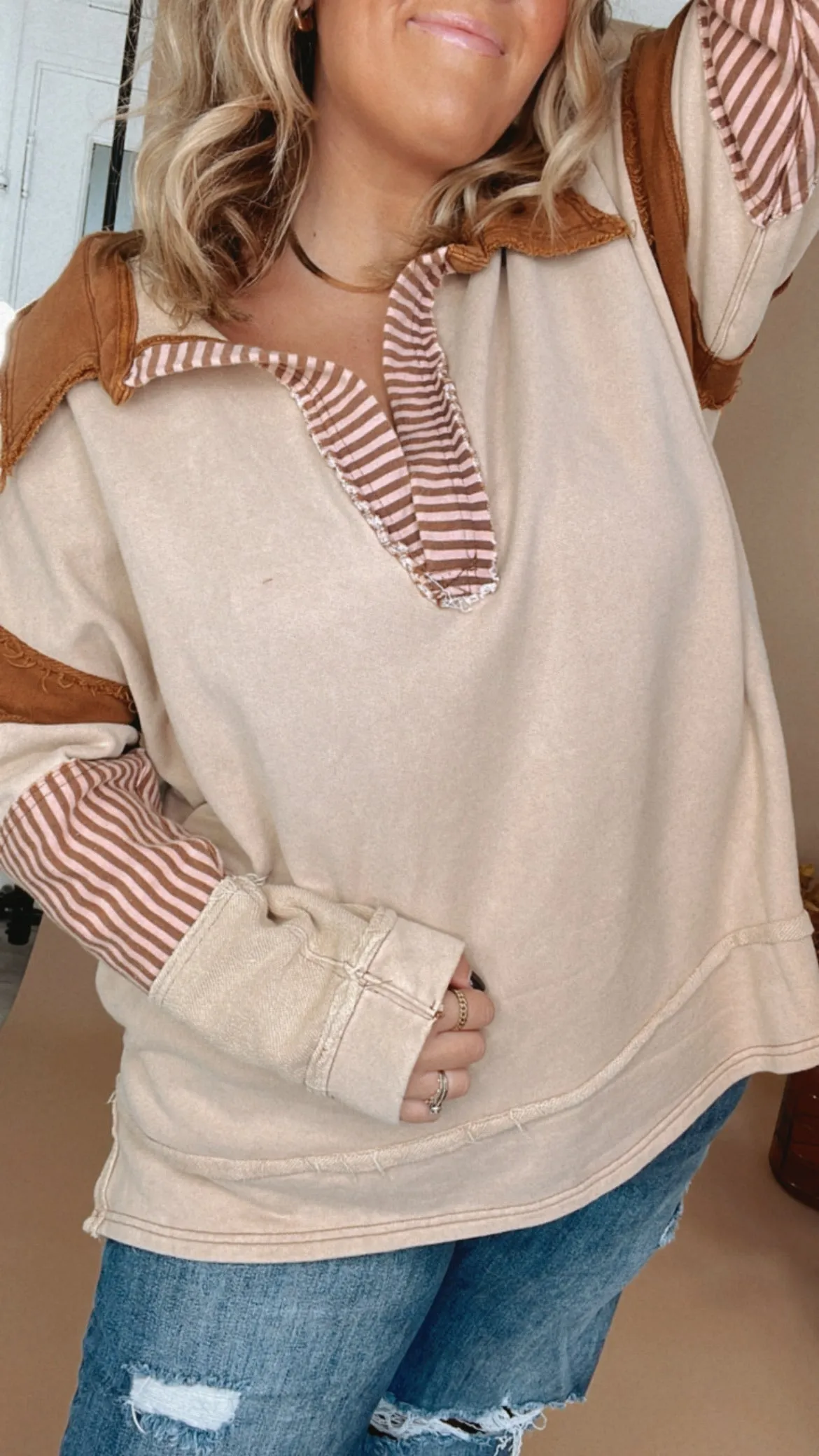 Day To Day Distressed Oversized Collared Sweatshirt, Taupe