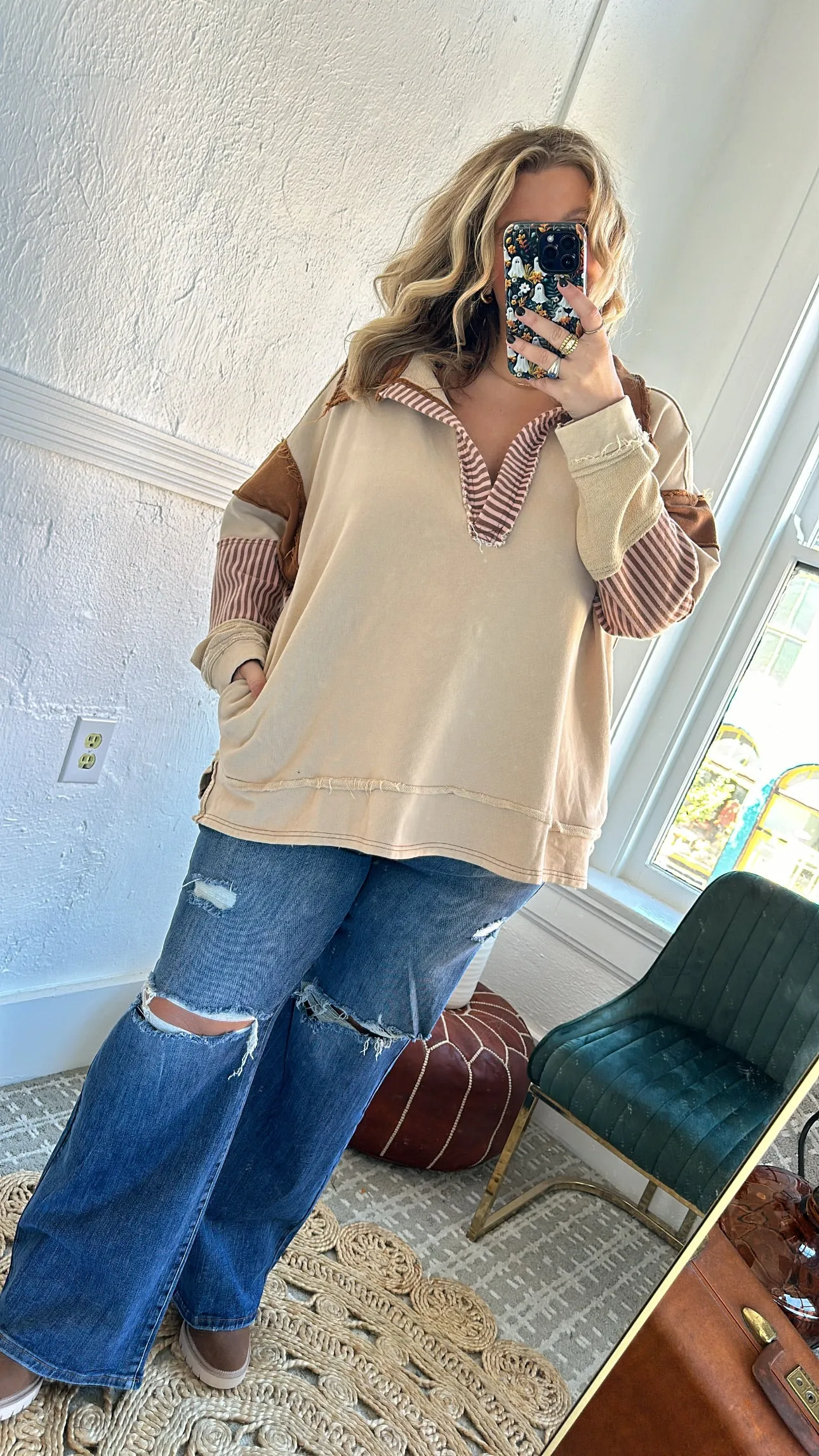 Day To Day Distressed Oversized Collared Sweatshirt, Taupe