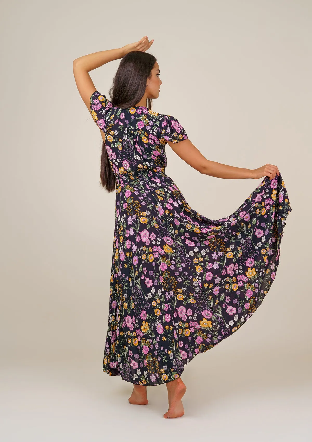 Ferria Mix Flowers Black Dress