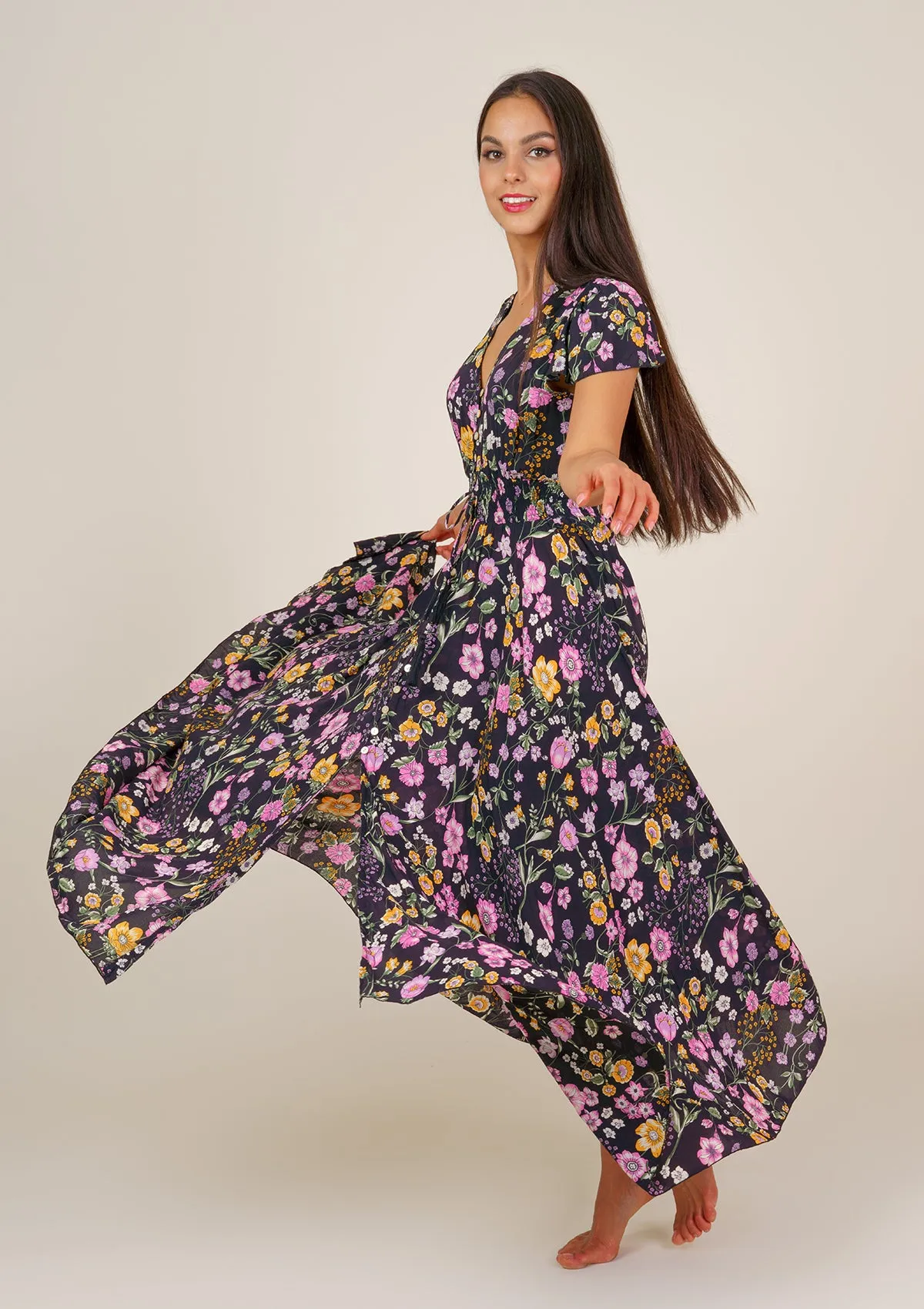 Ferria Mix Flowers Black Dress