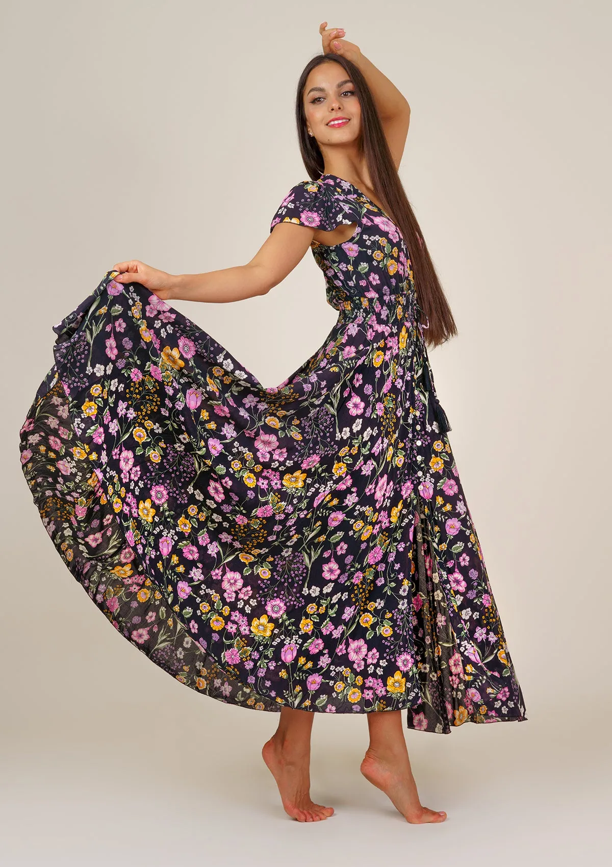 Ferria Mix Flowers Black Dress