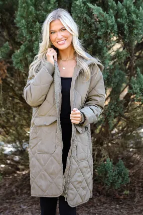 FINAL SALE - Elevated Season Olive Quilted Longline Hooded Jacket
