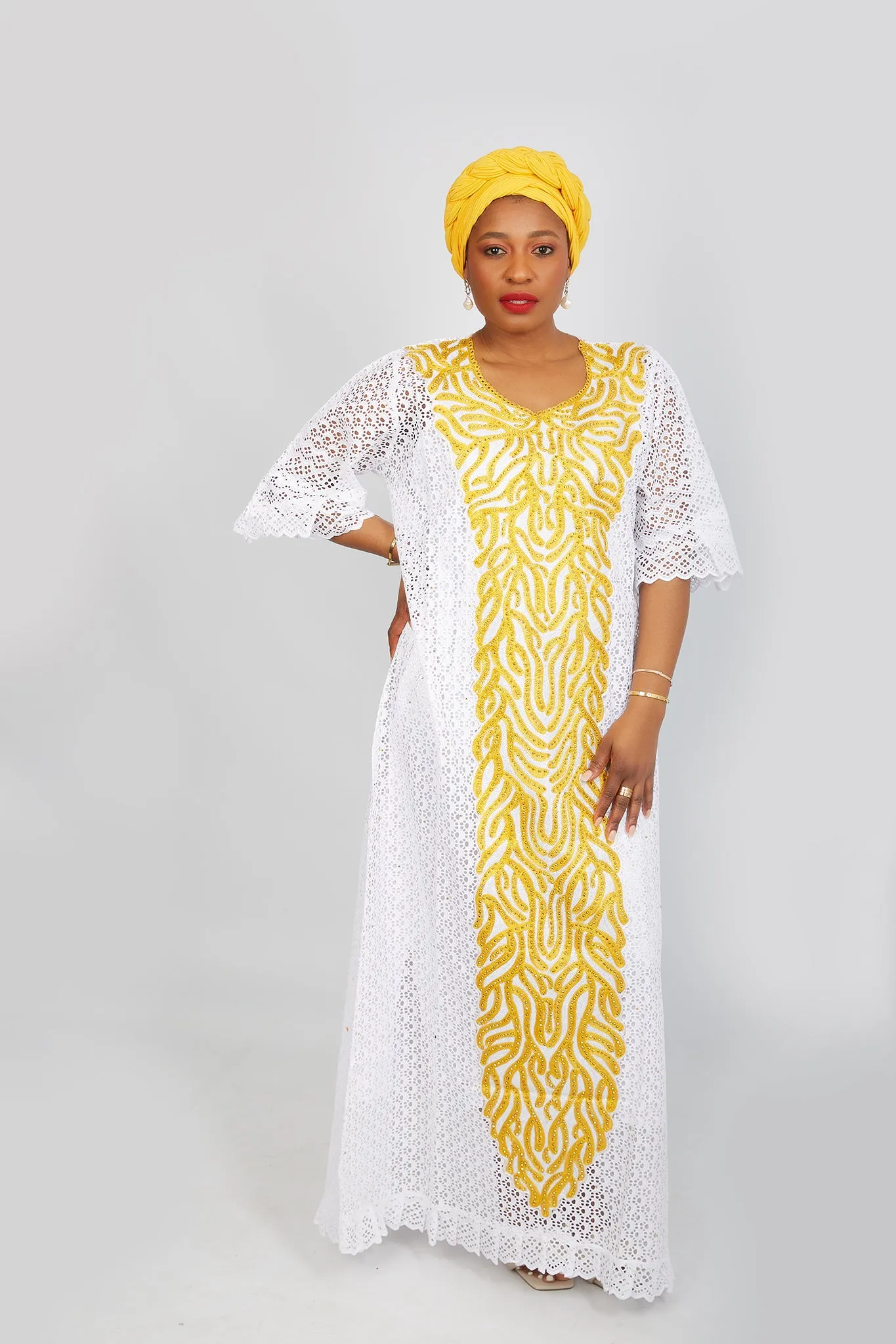 Fully Embroidered  Kaftan Maxi Lace Dress - Abimbola