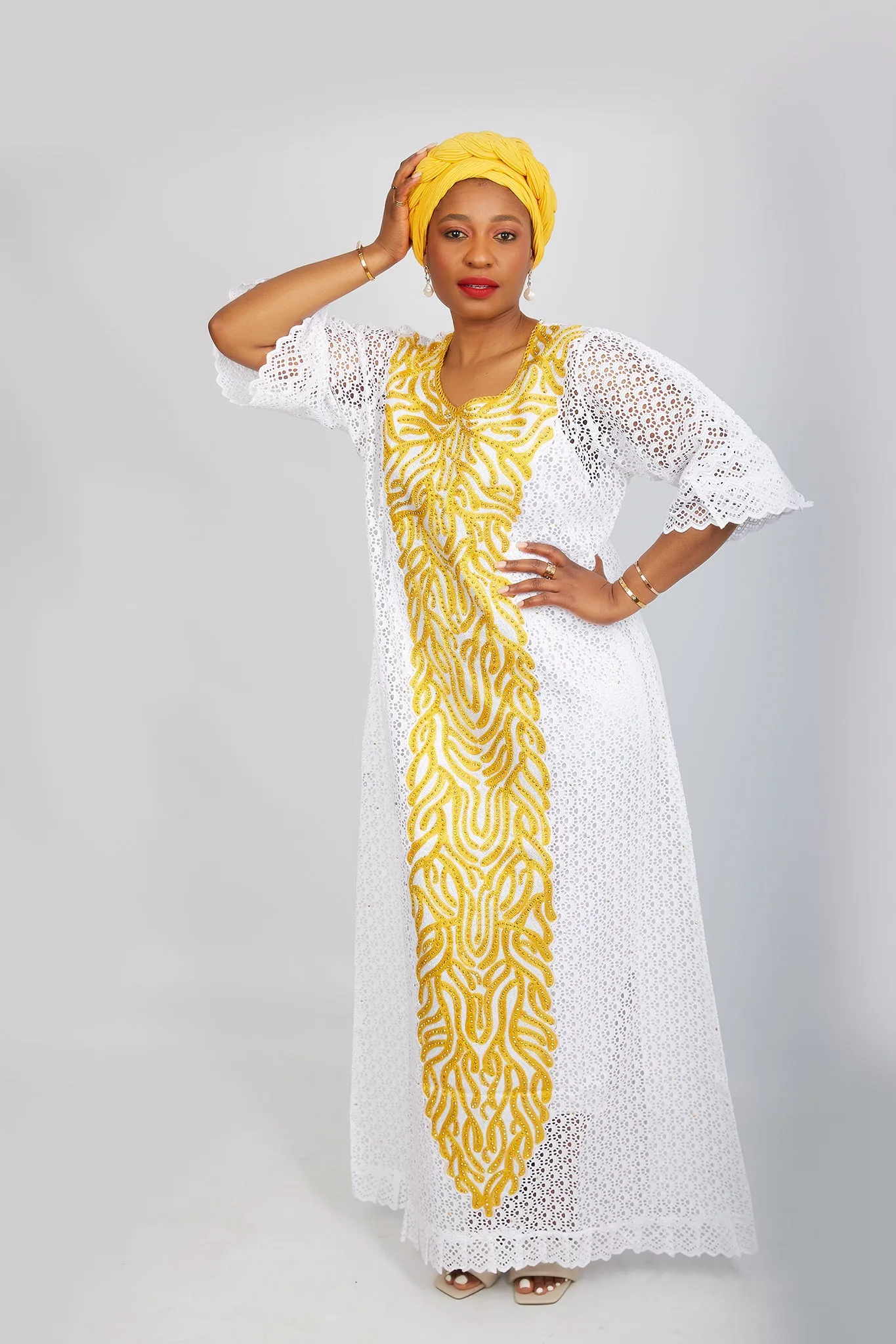 Fully Embroidered  Kaftan Maxi Lace Dress - Abimbola