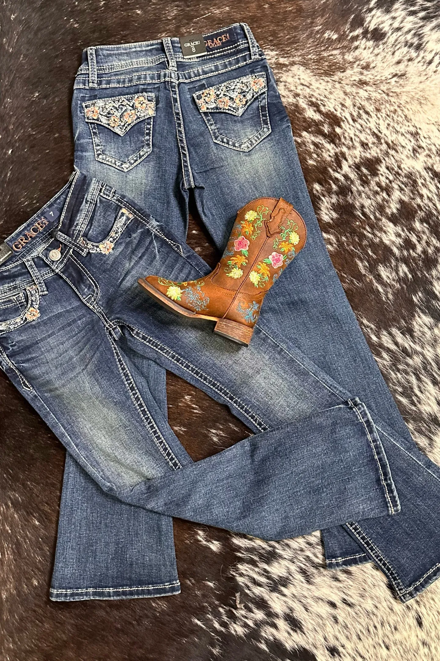 Girls Floral and Crystal Faux Flap Design Bootcut Jean by Grace in LA