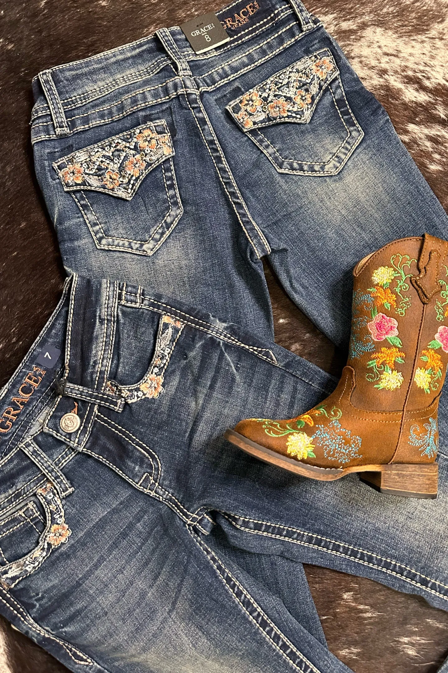 Girls Floral and Crystal Faux Flap Design Bootcut Jean by Grace in LA