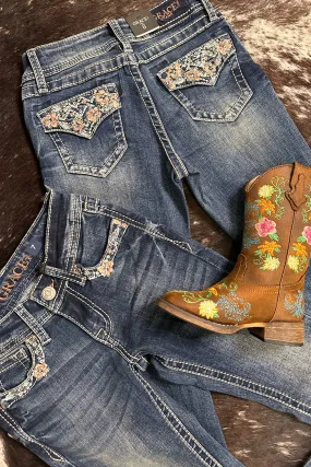 Girls Floral and Crystal Faux Flap Design Bootcut Jean by Grace in LA