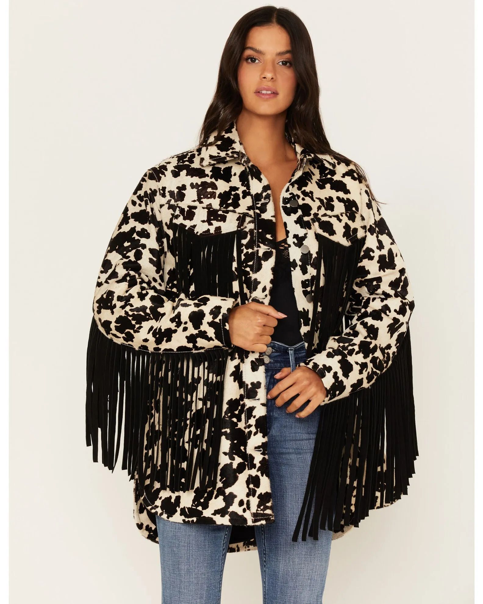 Hair-On Cow Hide Charming Fringe Shacket Jacket