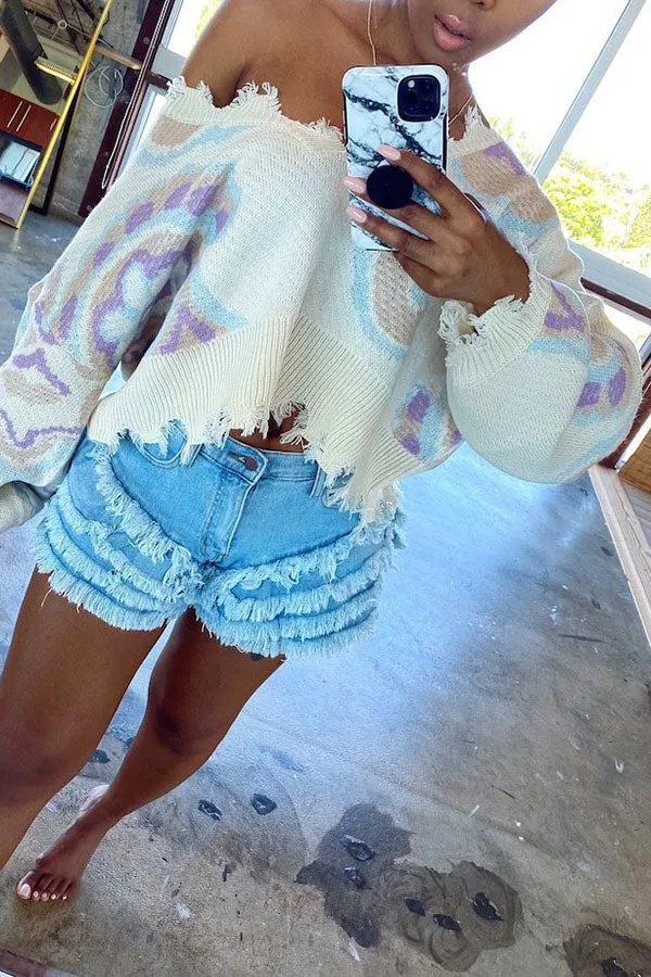 hulianfu Blue On-trend Tassels Short Jeans