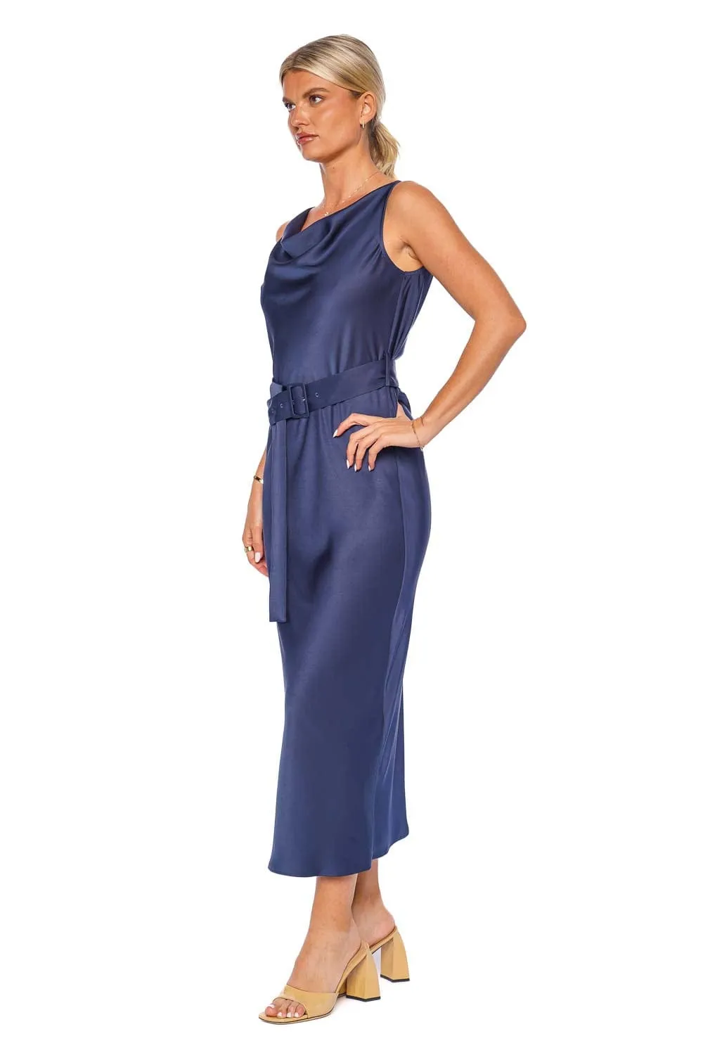 Ink Textured Satin Belted Midi Dress