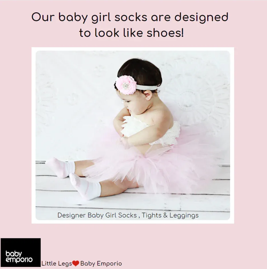 LITTLE PRETTIES shoe-design socks.  With satin bows and anti-slip soles. 3 pairs. 0-12 months