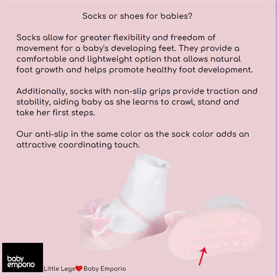 LITTLE PRETTIES shoe-design socks.  With satin bows and anti-slip soles. 3 pairs. 0-12 months