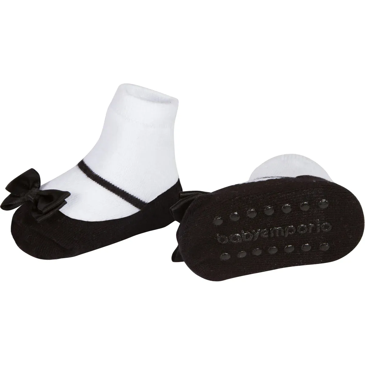 LITTLE PRETTIES shoe-design socks.  With satin bows and anti-slip soles. 3 pairs. 0-12 months