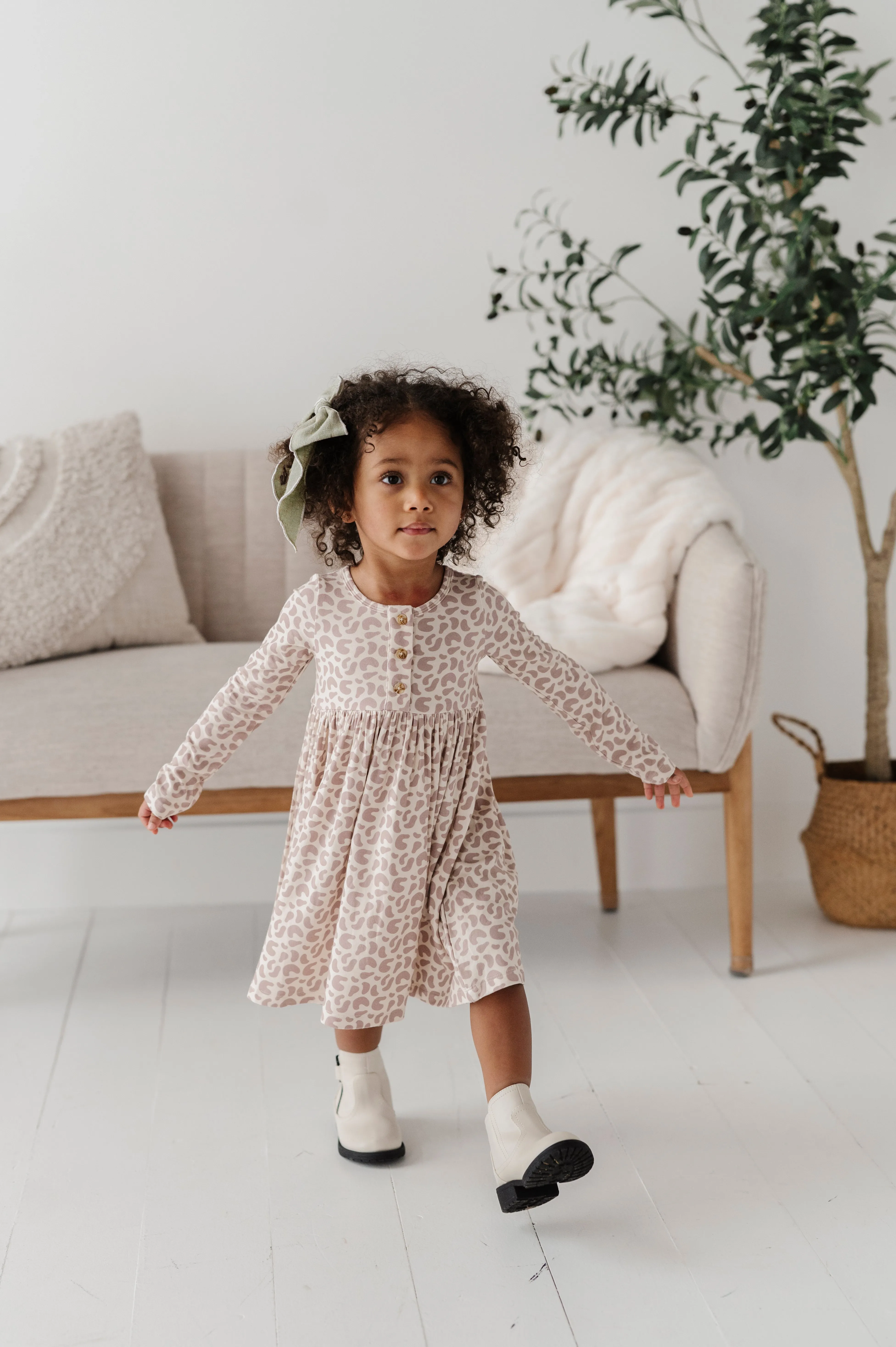 Long Sleeve Henley Dress - Lilac Leopard