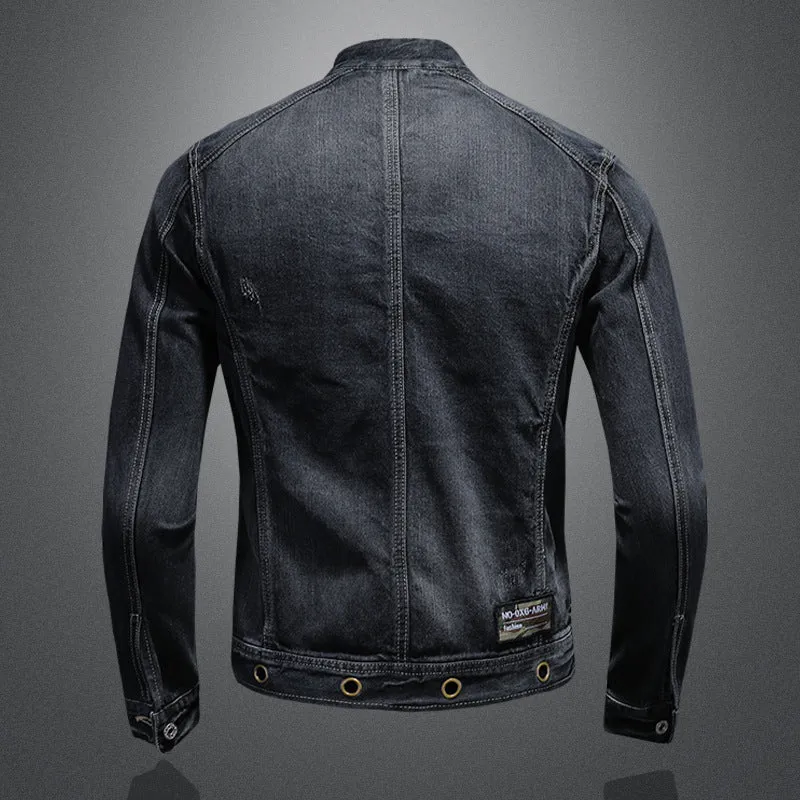 Men's Band Collar Dark Blue Denim Shacket