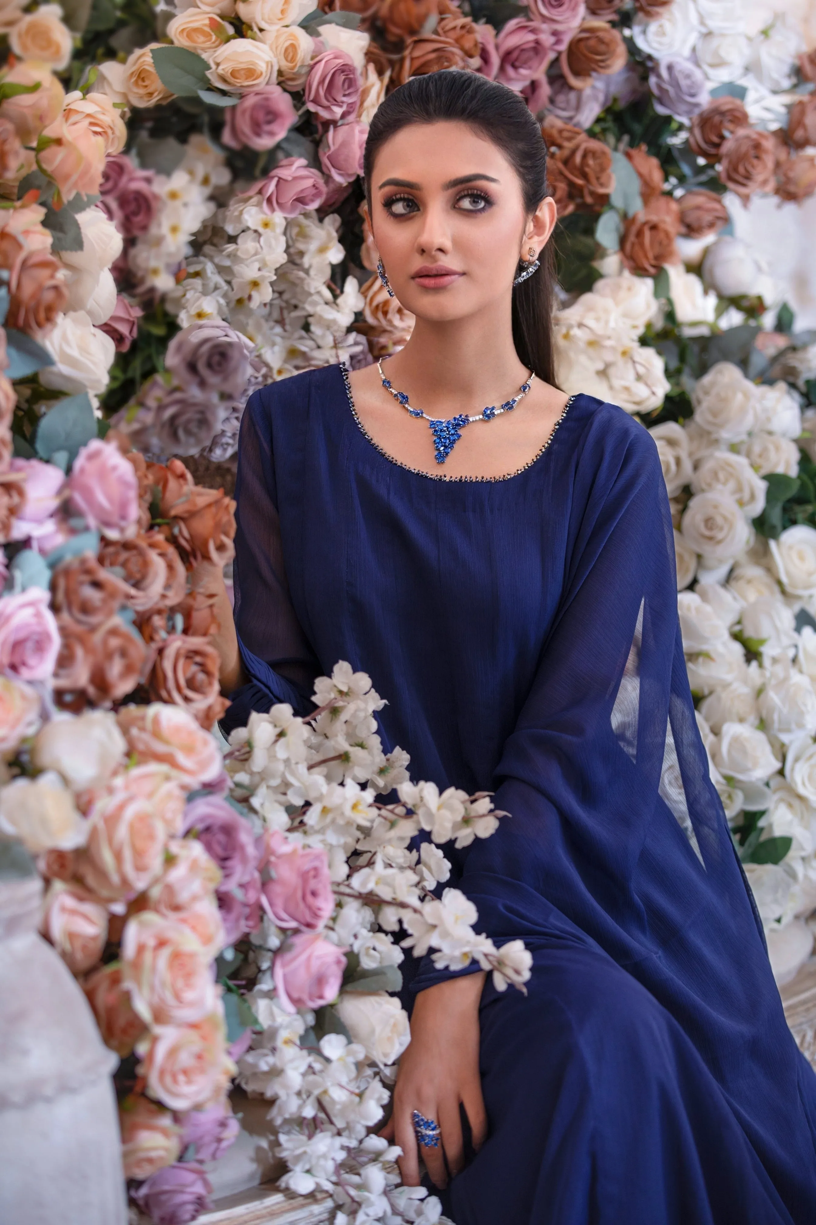 Navy Blue Embellished Plain Chiffon Frock (Naaz)