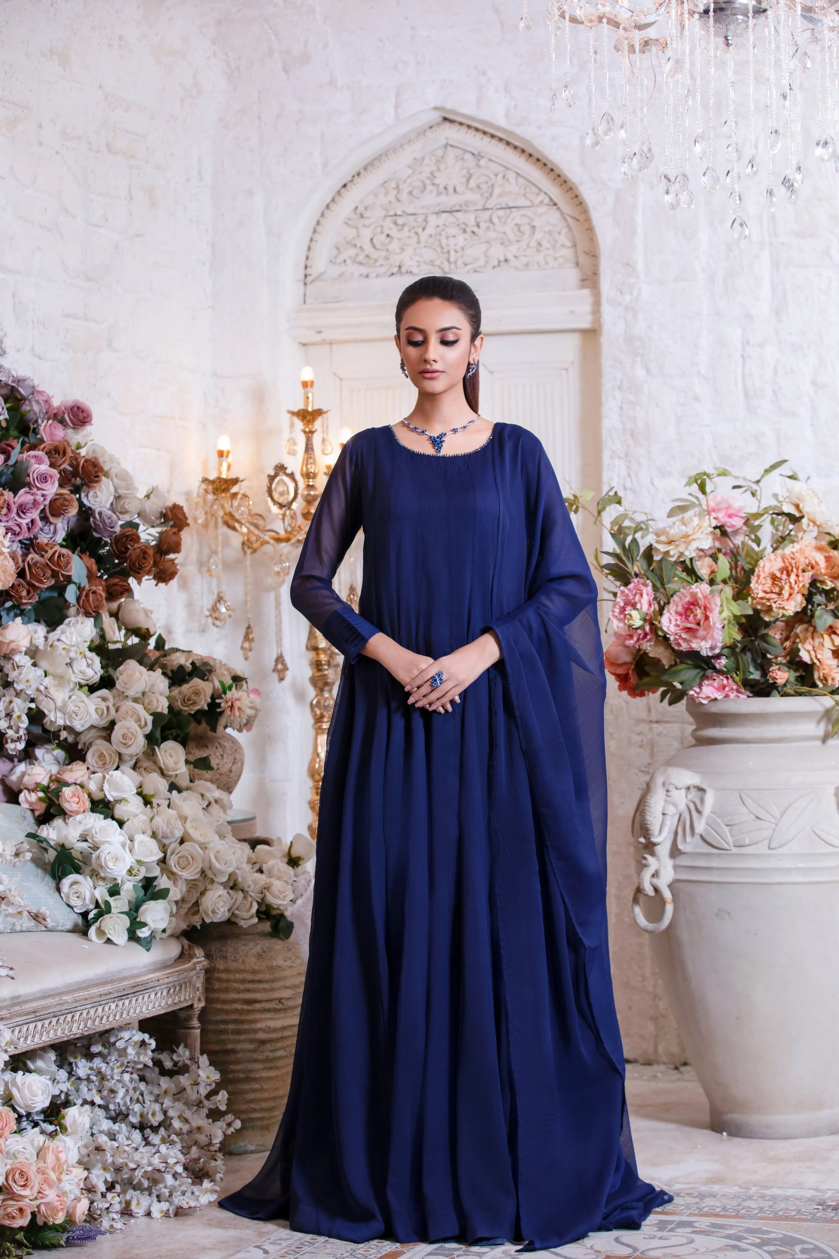 Navy Blue Embellished Plain Chiffon Frock (Naaz)