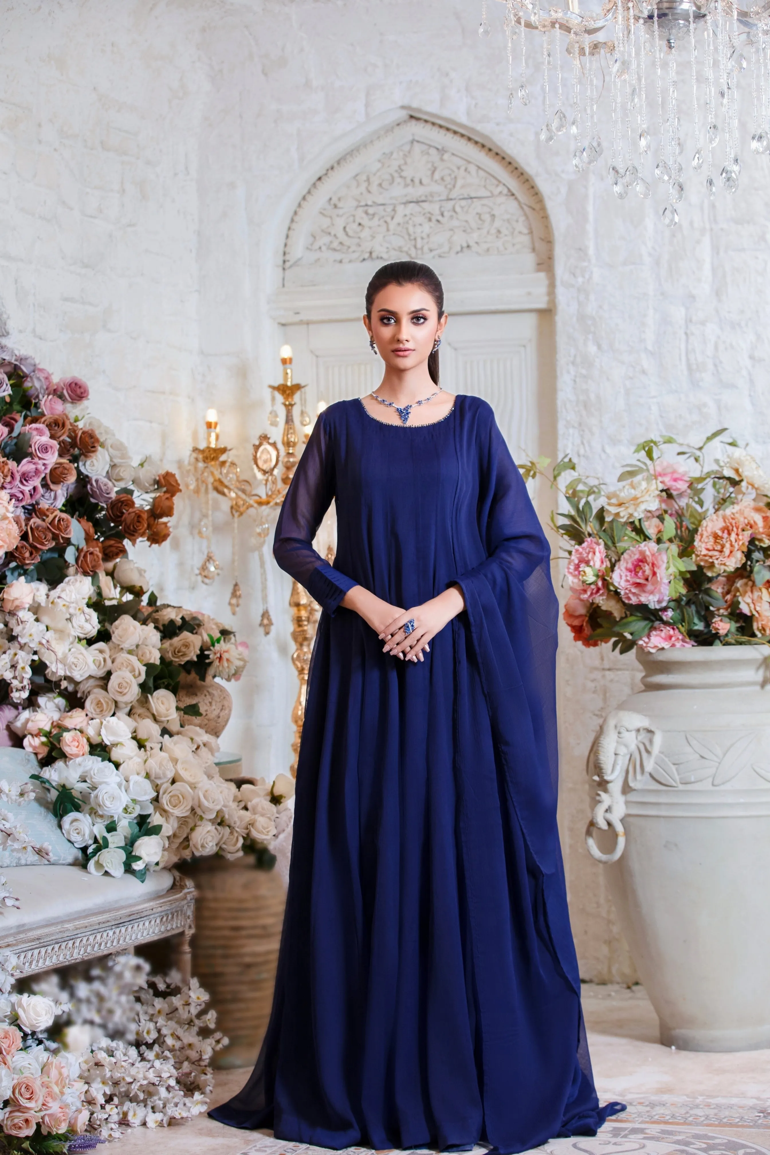 Navy Blue Embellished Plain Chiffon Frock (Naaz)
