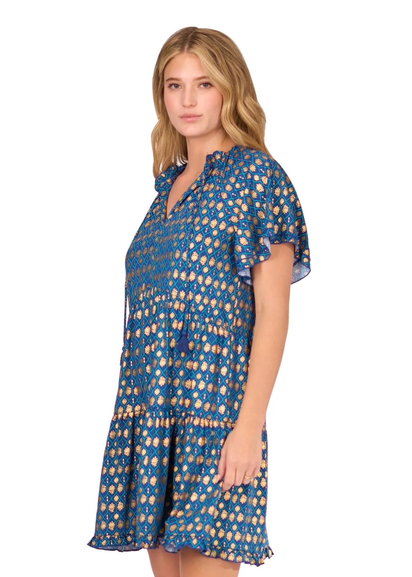 Navy Metallic Short Sleeve Tiered Dress