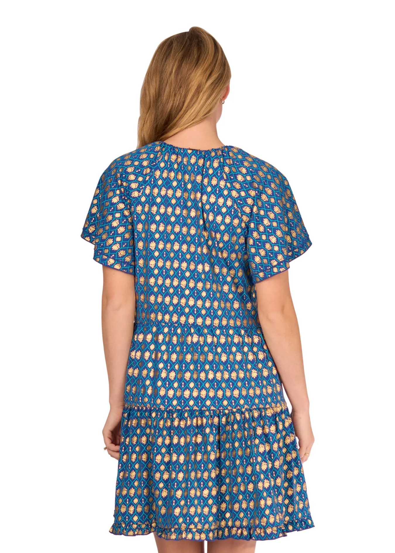 Navy Metallic Short Sleeve Tiered Dress