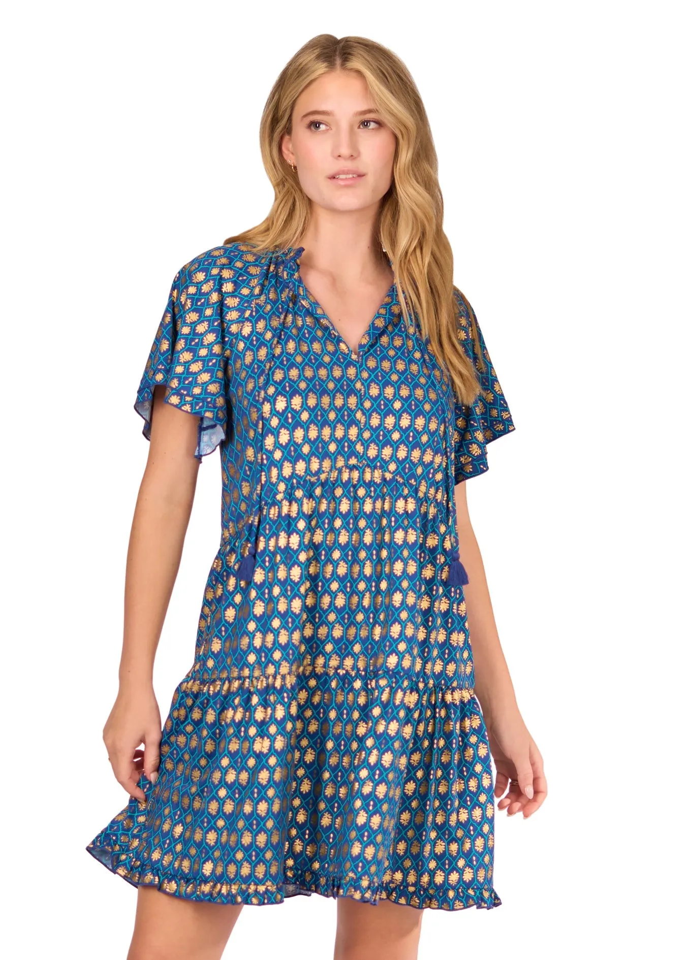 Navy Metallic Short Sleeve Tiered Dress