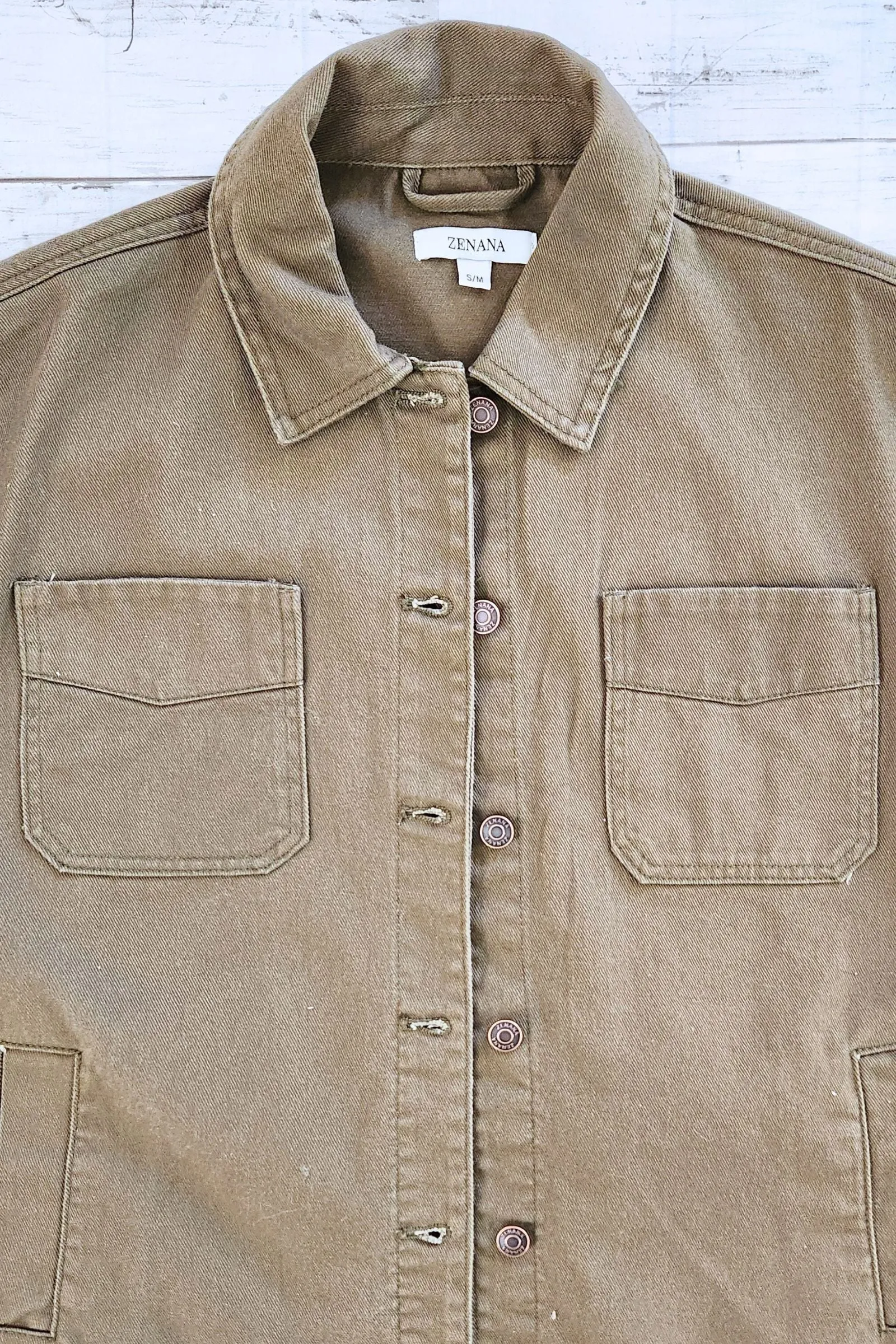 Olive Button Front Collared Shacket