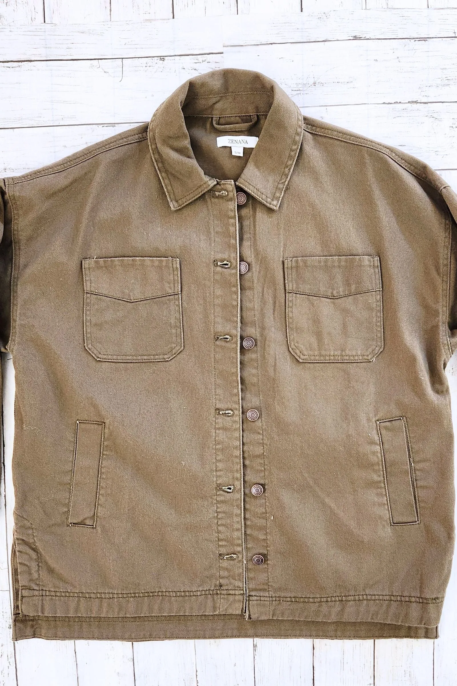 Olive Button Front Collared Shacket