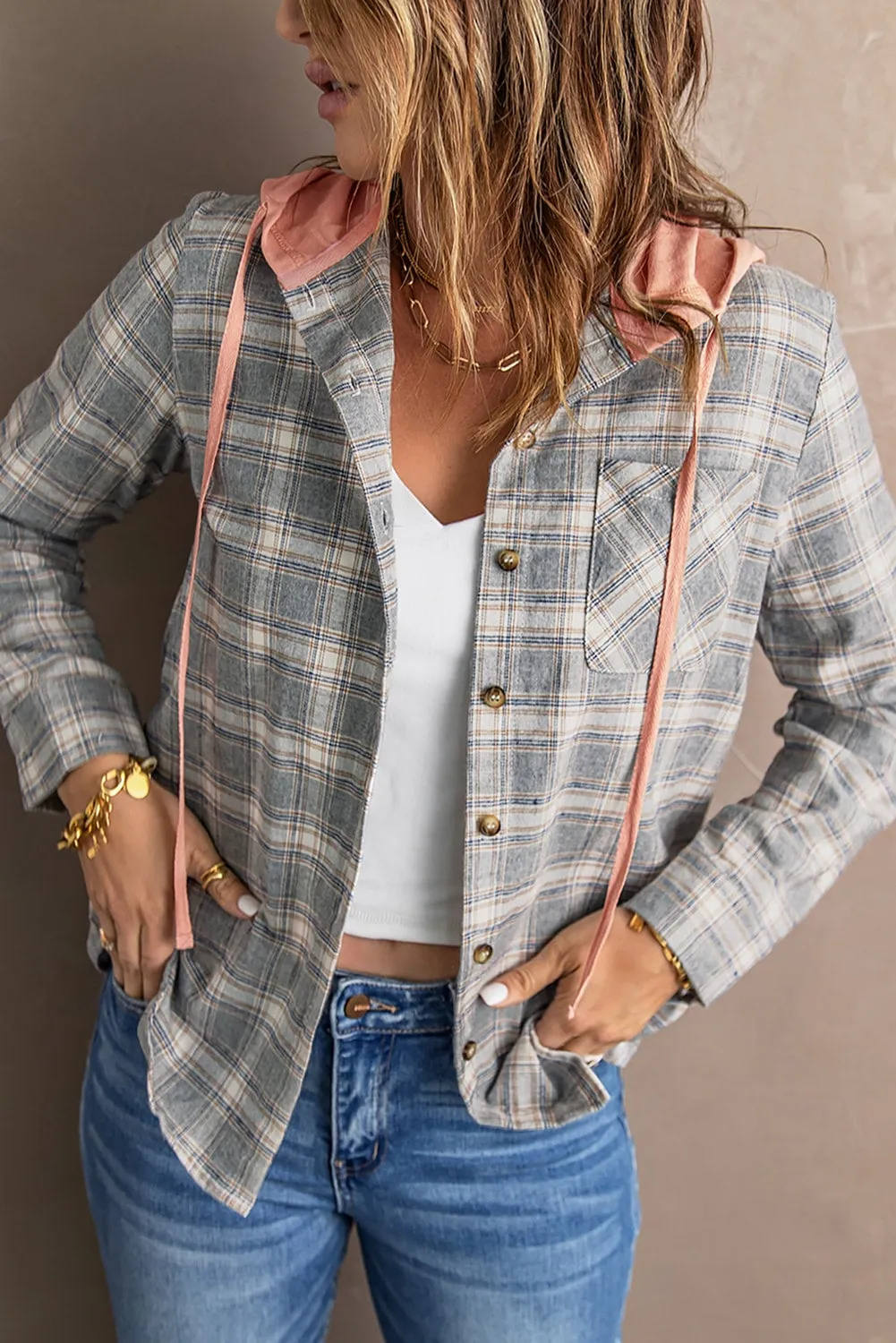 Plaid Drawstring Hooded Shacket