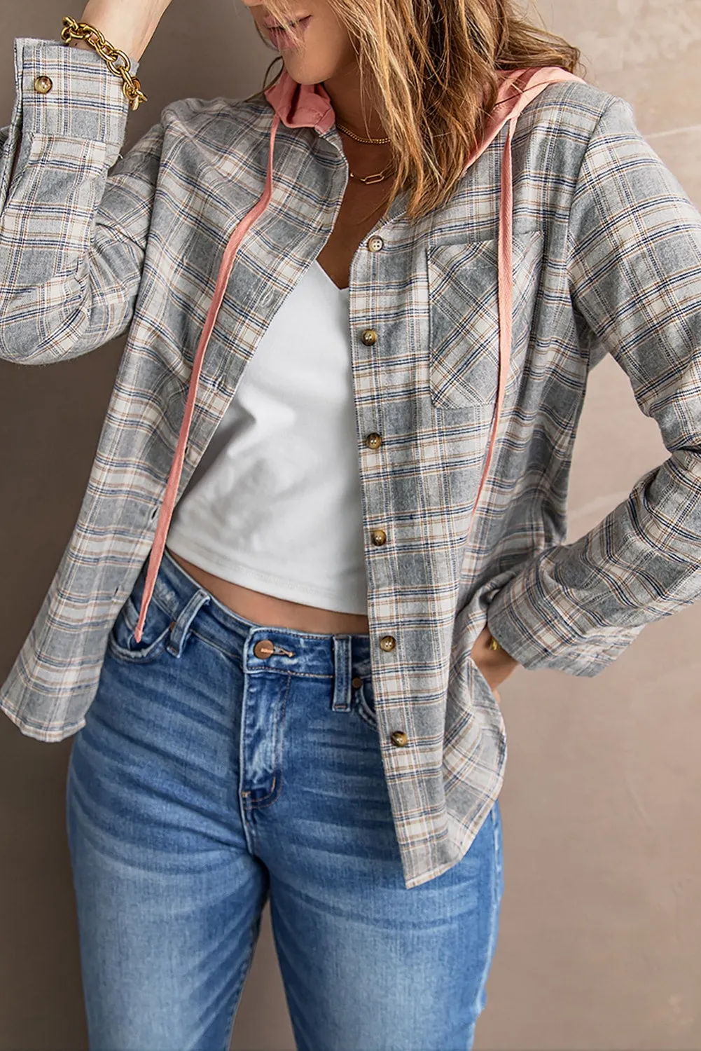 Plaid Drawstring Hooded Shacket