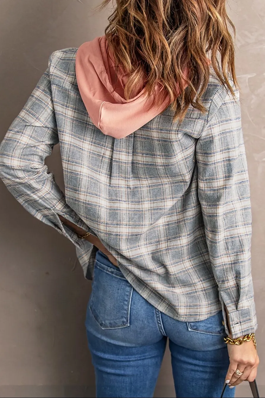 Plaid Drawstring Hooded Shacket