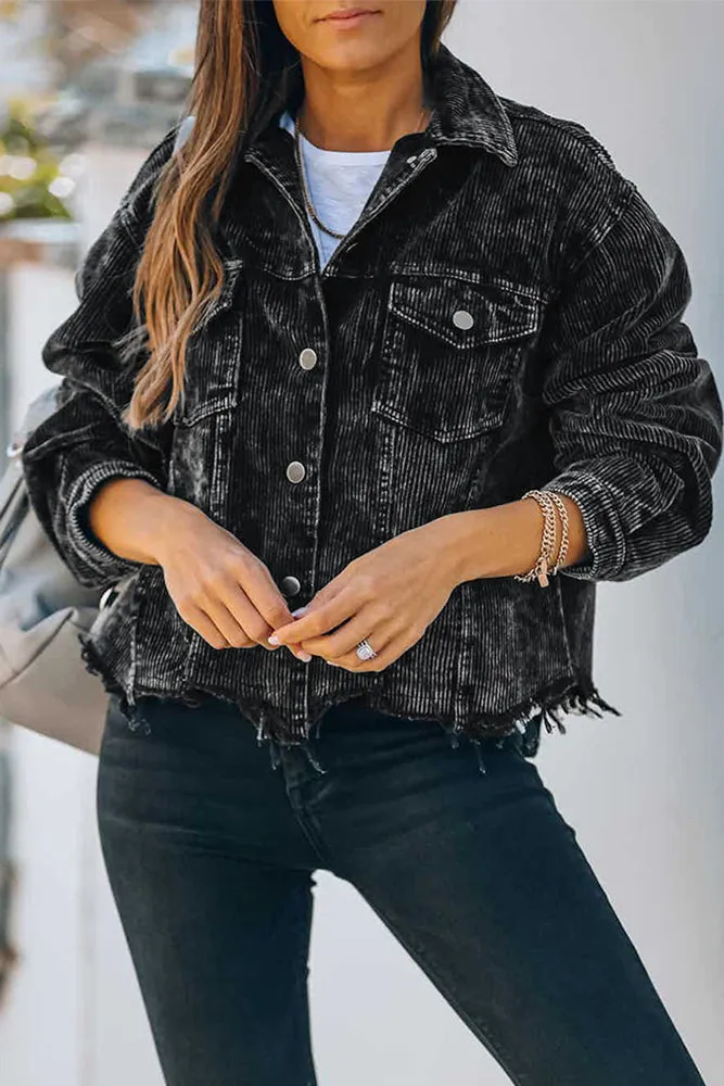 Plain Tassle Hem Corduroy Jacket Coat