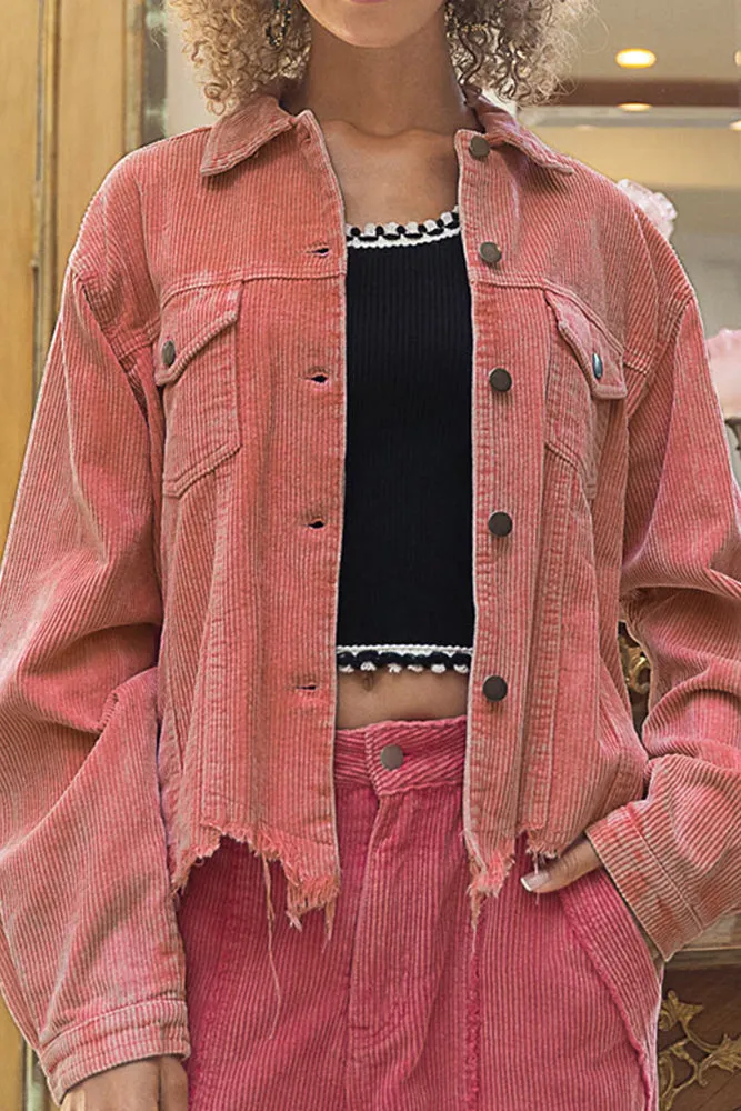 Plain Tassle Hem Corduroy Jacket Coat