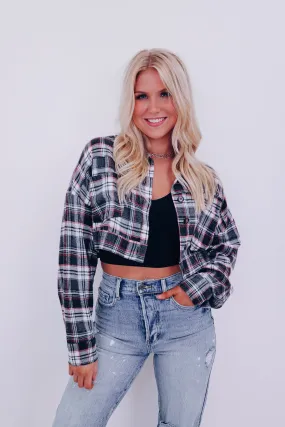 Precious Plaid Cropped Shacket - Grey Combo Precious Plaid Cropped Shacket - Grey Combo
