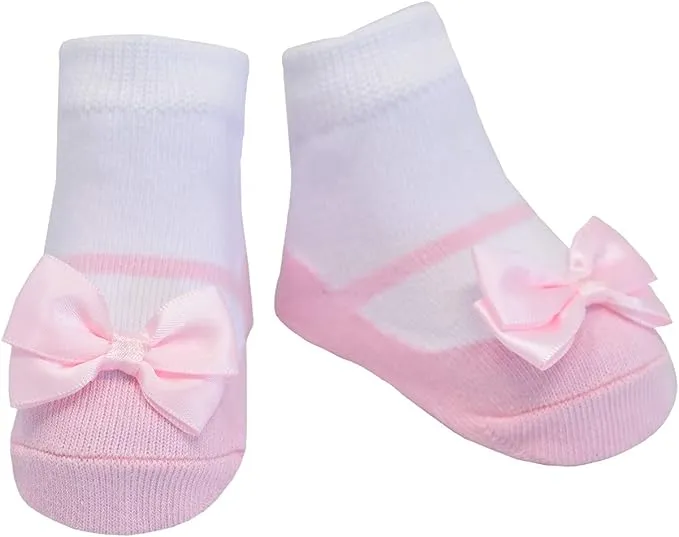 PRETTY PETALS  shoe-design socks. With satin bows and anti-slip soles. 6 pairs. 0-12 months