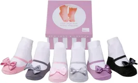 PRETTY PETALS  shoe-design socks. With satin bows and anti-slip soles. 6 pairs. 0-12 months