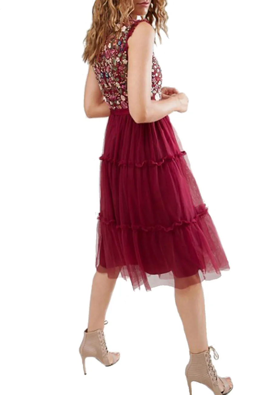 Red Floral Embroidered Tulle Midi Dress