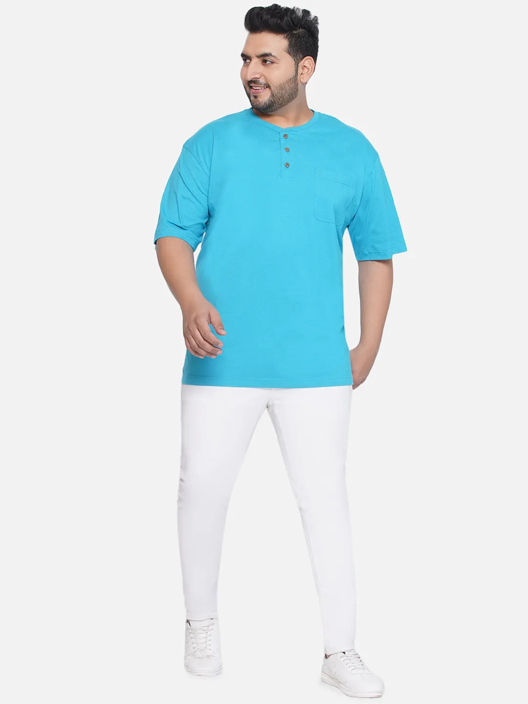 Red Head - Plus Size Men's Regular Fit Pure Cotton Blue Solid Henley Neck Half Sleeve T-Shirt