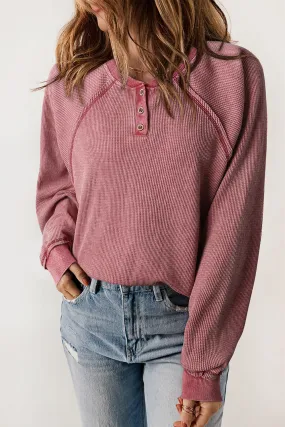 Red Waffle Knit Henley Sweatshirt