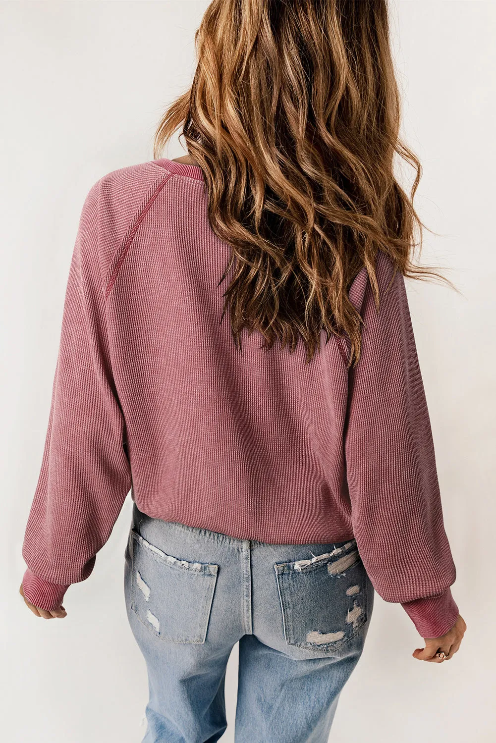 Red Waffle Knit Henley Sweatshirt