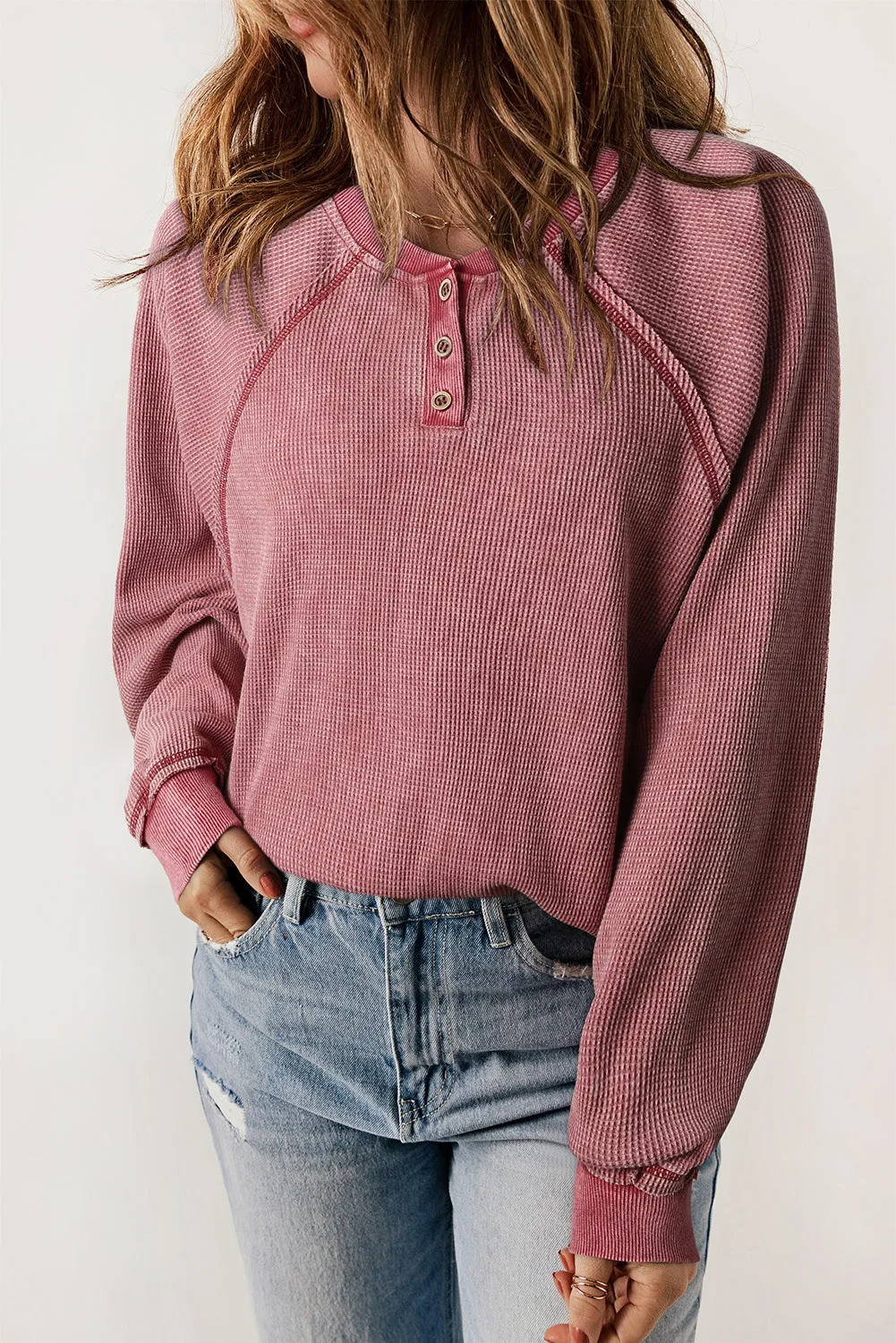 Red Waffle Knit Henley Sweatshirt