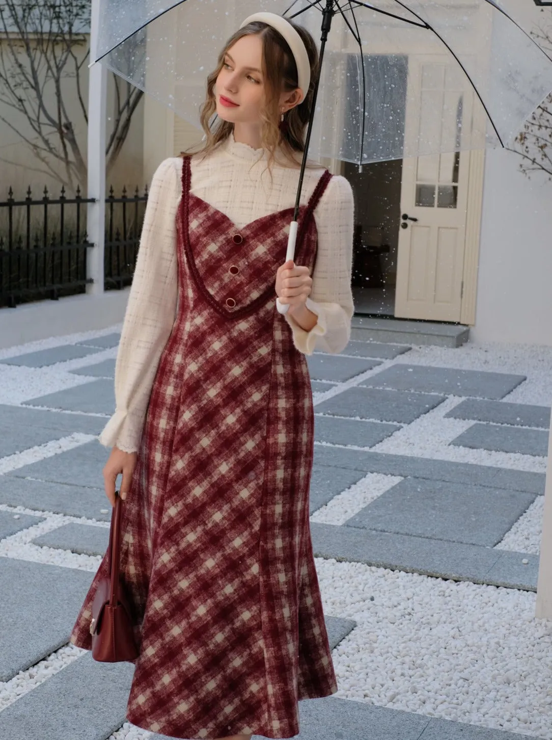 Retro White Blouse Camisole Dress   Romantic Check Pure