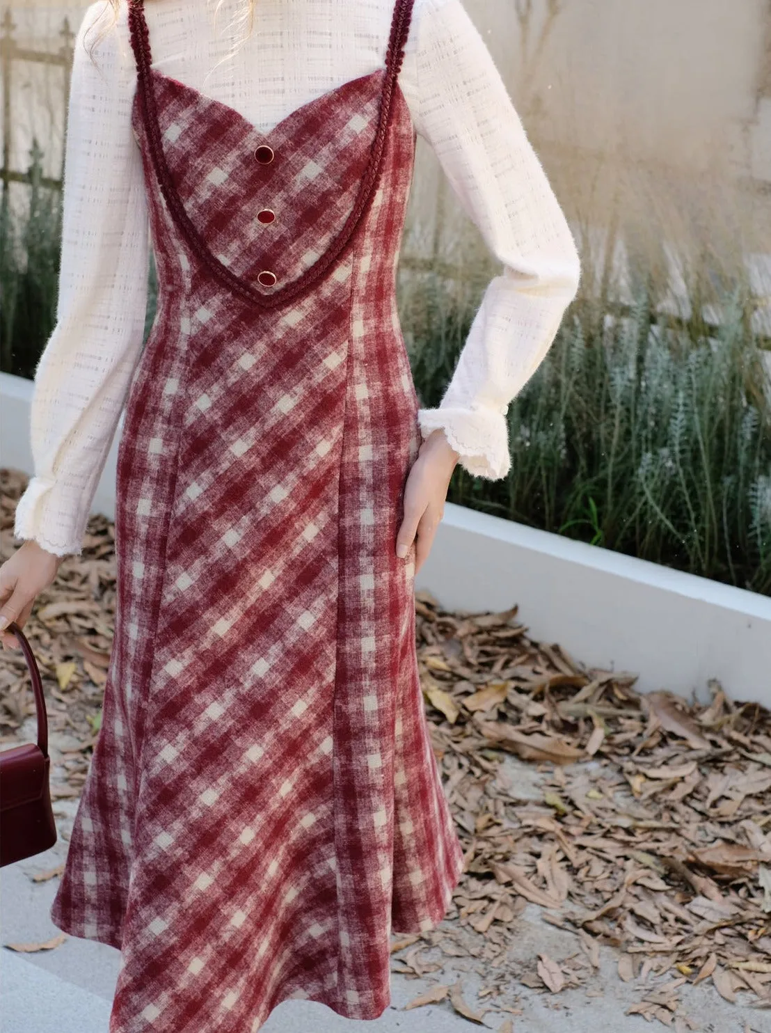Retro White Blouse Camisole Dress   Romantic Check Pure