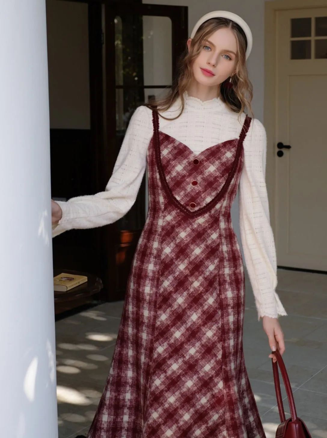 Retro White Blouse Camisole Dress   Romantic Check Pure