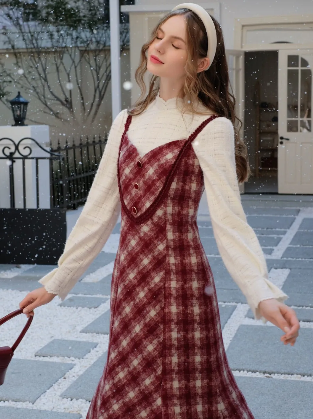 Retro White Blouse Camisole Dress   Romantic Check Pure
