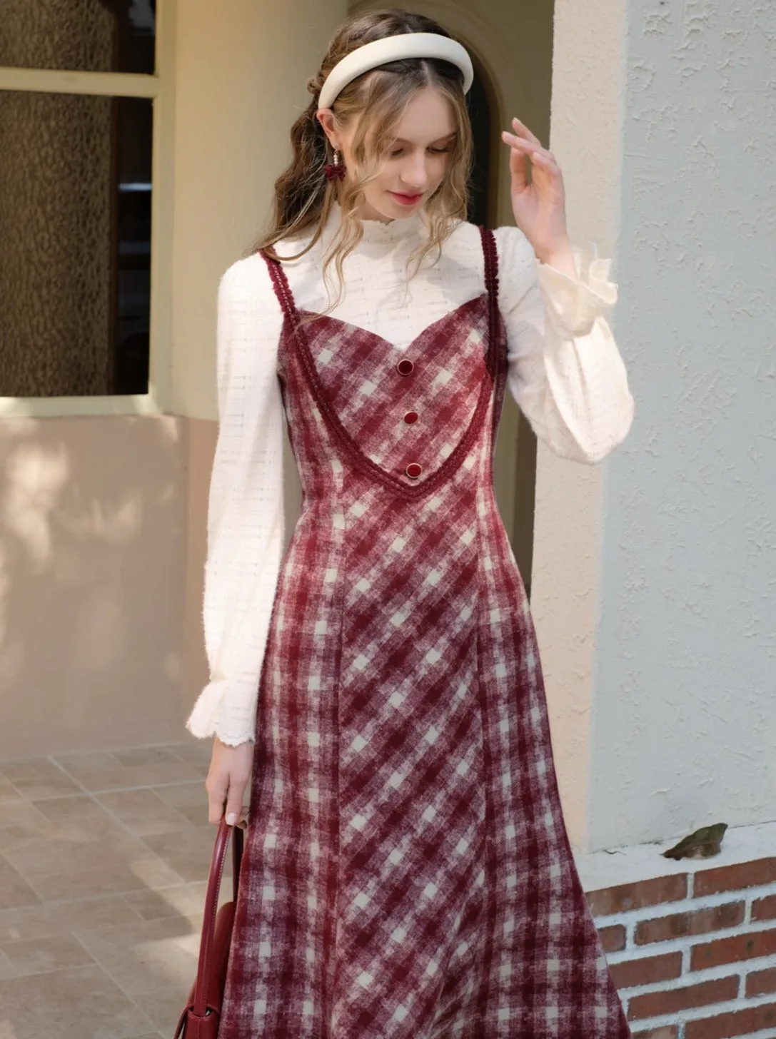 Retro White Blouse Camisole Dress   Romantic Check Pure