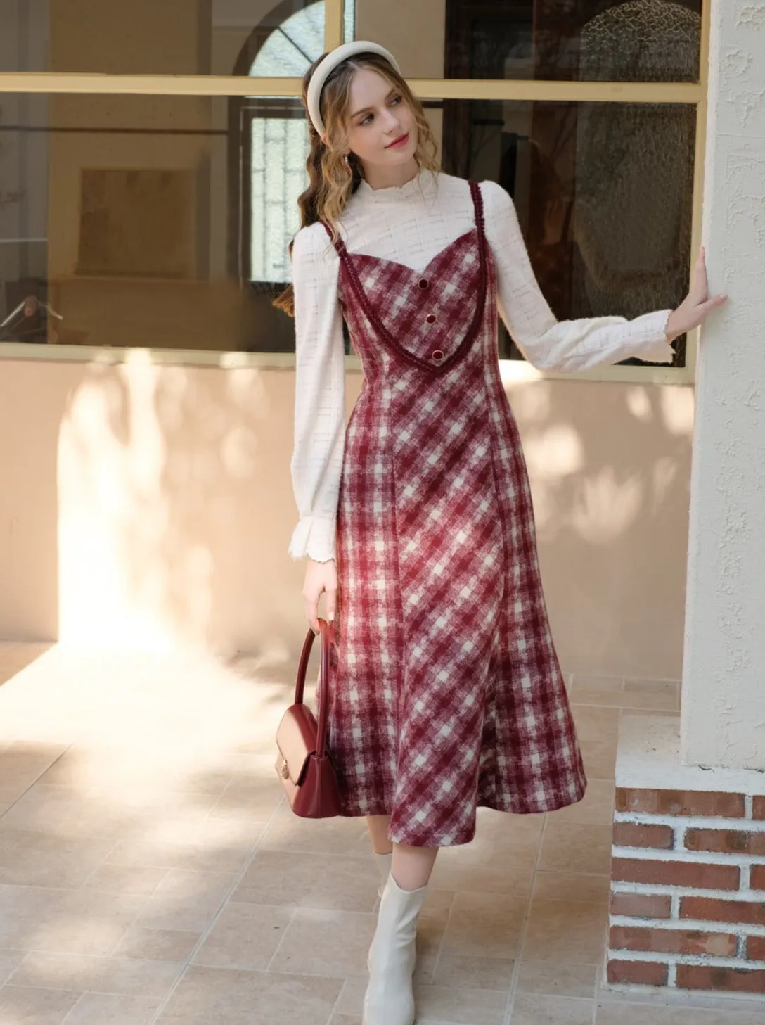 Retro White Blouse Camisole Dress   Romantic Check Pure