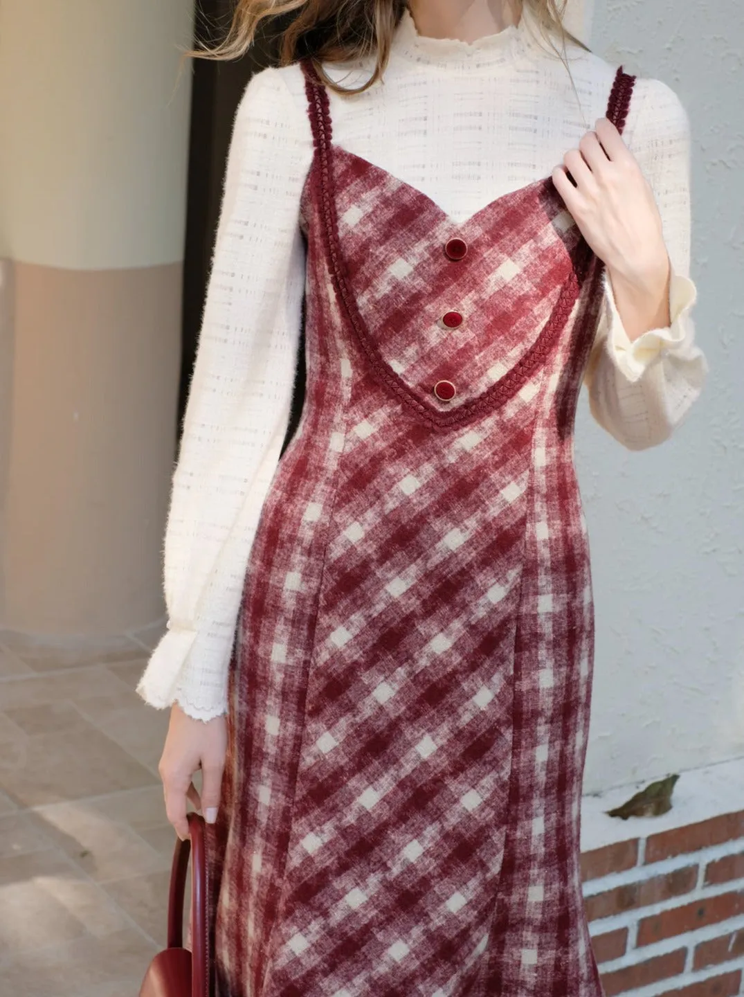 Retro White Blouse Camisole Dress   Romantic Check Pure