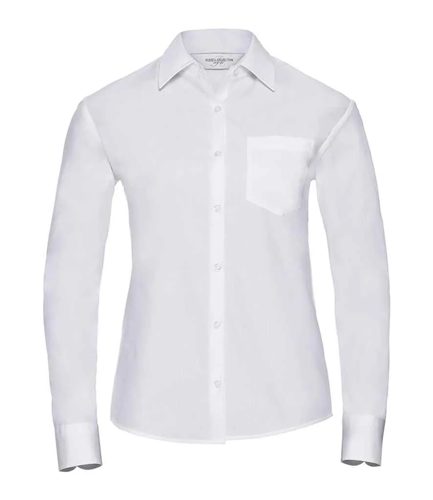 Russell Collection Ladies Long Sleeve Easy Care Cotton Poplin Shirt | White