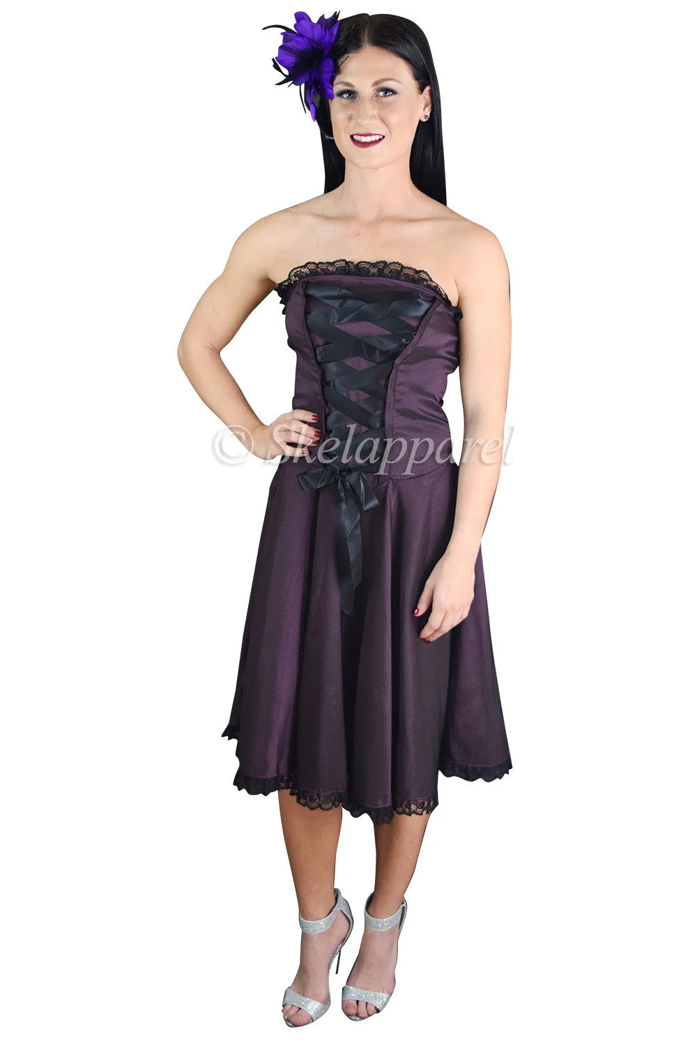 Victorian Style Satin ribbon Strapless Purple Satin Corset Lace-up Dress